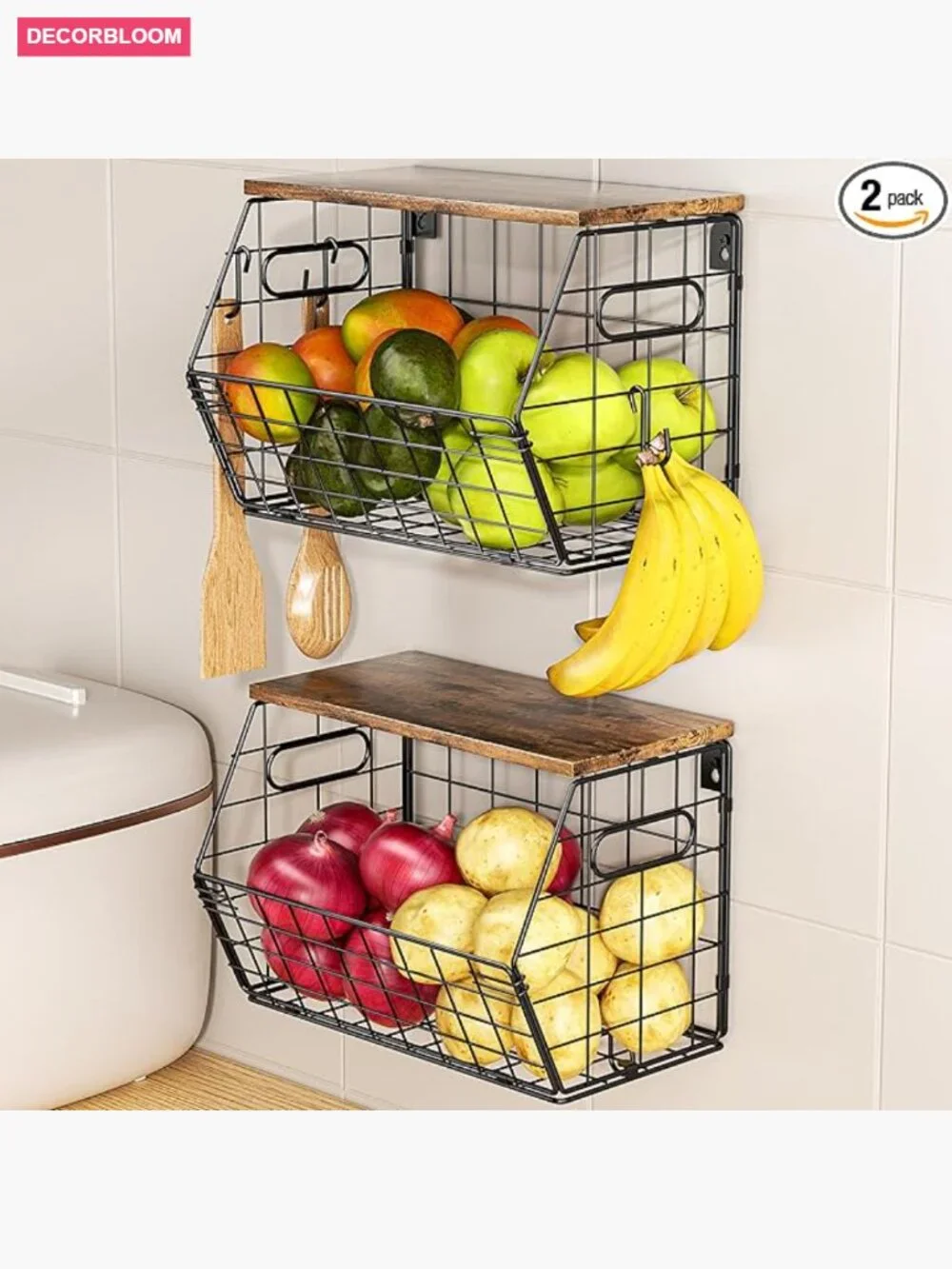 Stackable Metal Fruit Basket with Wood Lid 2 Pack, Hanging Wall Organizer for